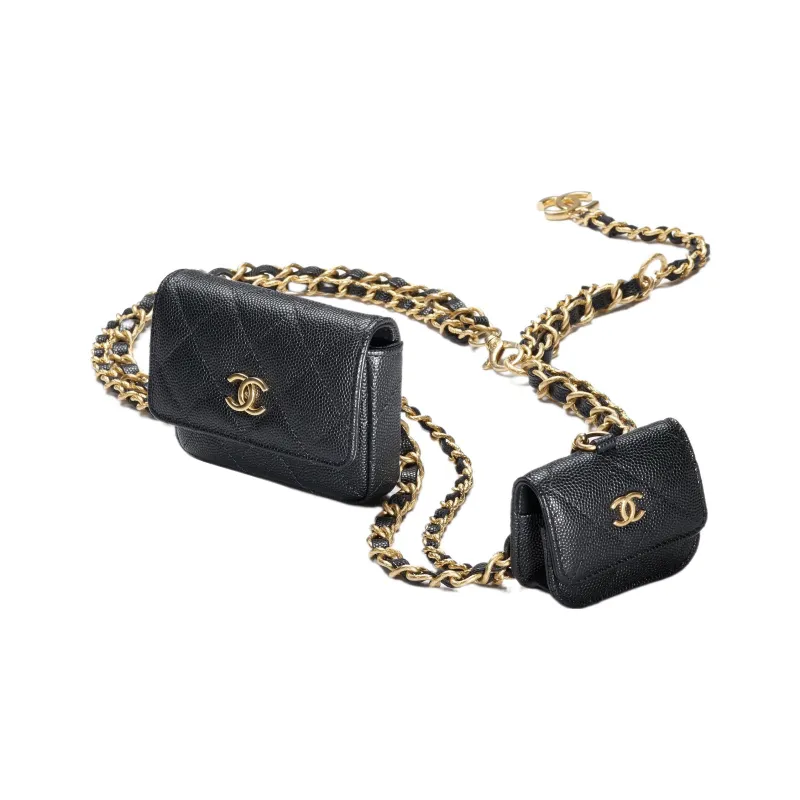 CHANEL Shiny Caviar Calfskin Chain Shoulder Bag, Mother Daughter Waist Bag Women's Black-1