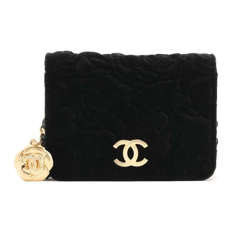 CHANEL WOC Velour & Metal Gold Coin Wallet On Chain, One Shoulder Crossbody Coin Purse Trumpets Women's Black-1