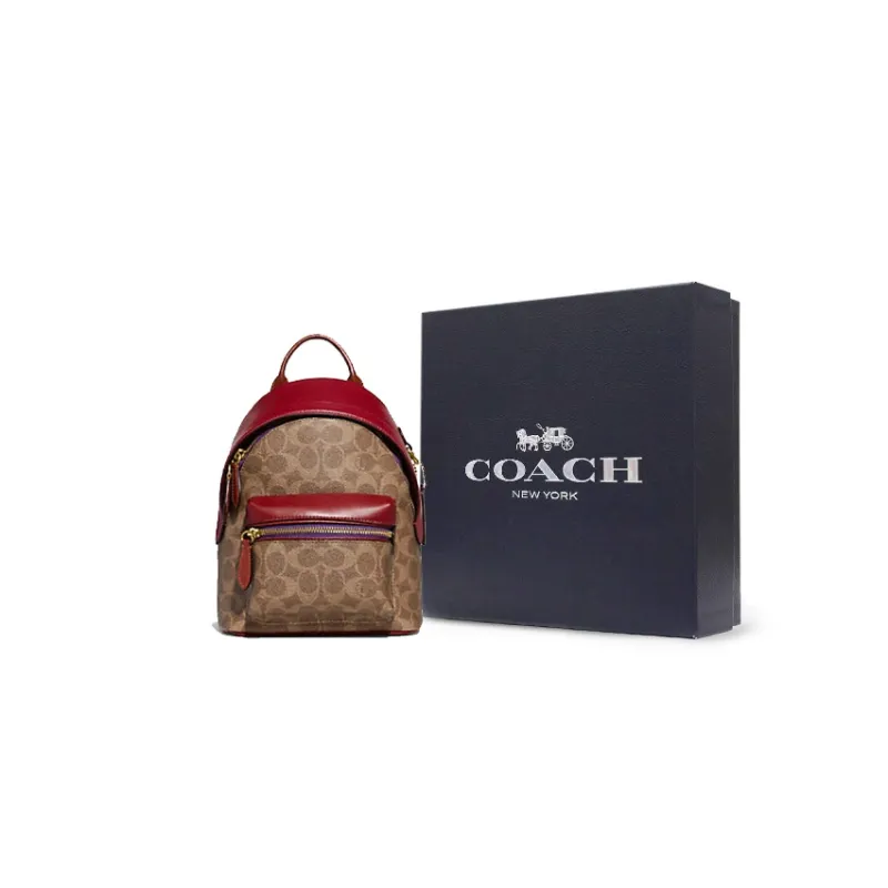 COACH Charter Canvas With Leather Backpack Small Size Women's Brown & Red-5