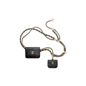 CHANEL Shiny Caviar Calfskin Chain Shoulder Bag, Mother Daughter Waist Bag Women's Black