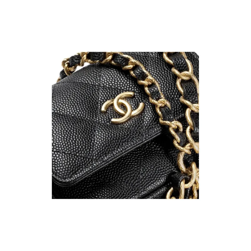 CHANEL Shiny Caviar Calfskin Chain Shoulder Bag, Mother Daughter Waist Bag Women's Black-4