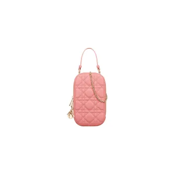 DIOR Lady Dior Sheepskin Portable One Shoulder Crossbody Cell Phone Pouch Women's Light Pink
