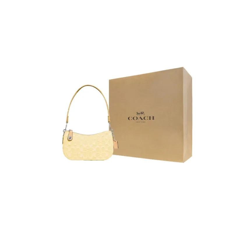 COACH Swinger Denim With Leather Crescent Bag, Handbag, Shoulder Bag Women's Yellow-5