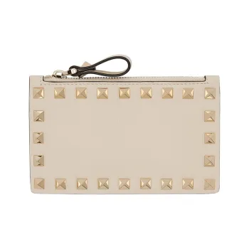 Valentino ROCKSTUD Polished Calfskin Coin Purse Card Holder, Wallet Women's Light Ivory