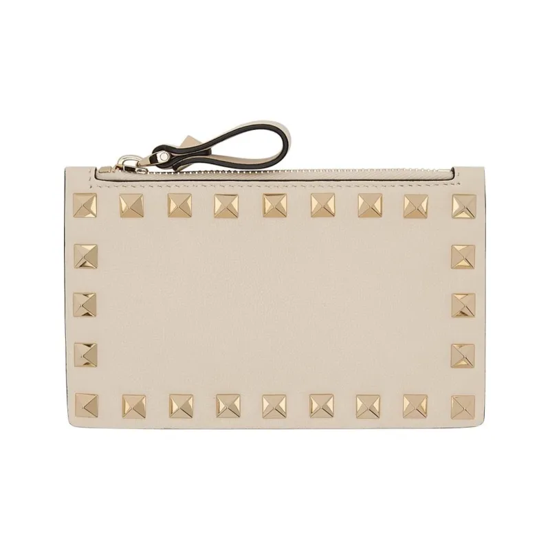 Valentino ROCKSTUD Polished Calfskin Coin Purse Card Holder, Wallet Women's Light Ivory-0