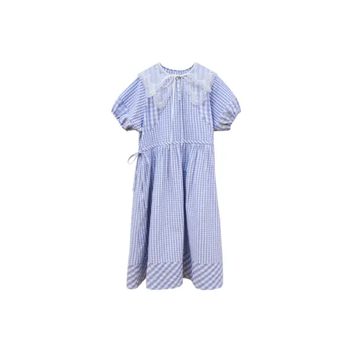 LE BEMIO Short-Sleeved Dresses Women's Blue/White Plaid