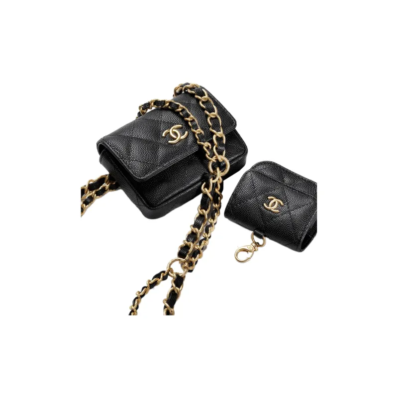 CHANEL Shiny Caviar Calfskin Chain Shoulder Bag, Mother Daughter Waist Bag Women's Black-3