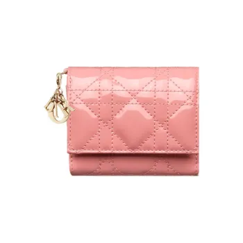 DIOR Lady Dior Patent Leather Calfskin Wallet Women's Light Pink