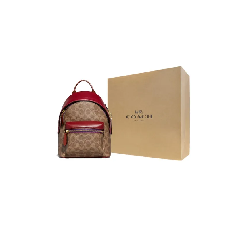 COACH Charter Canvas With Leather Backpack Small Size Women's Brown & Red-7