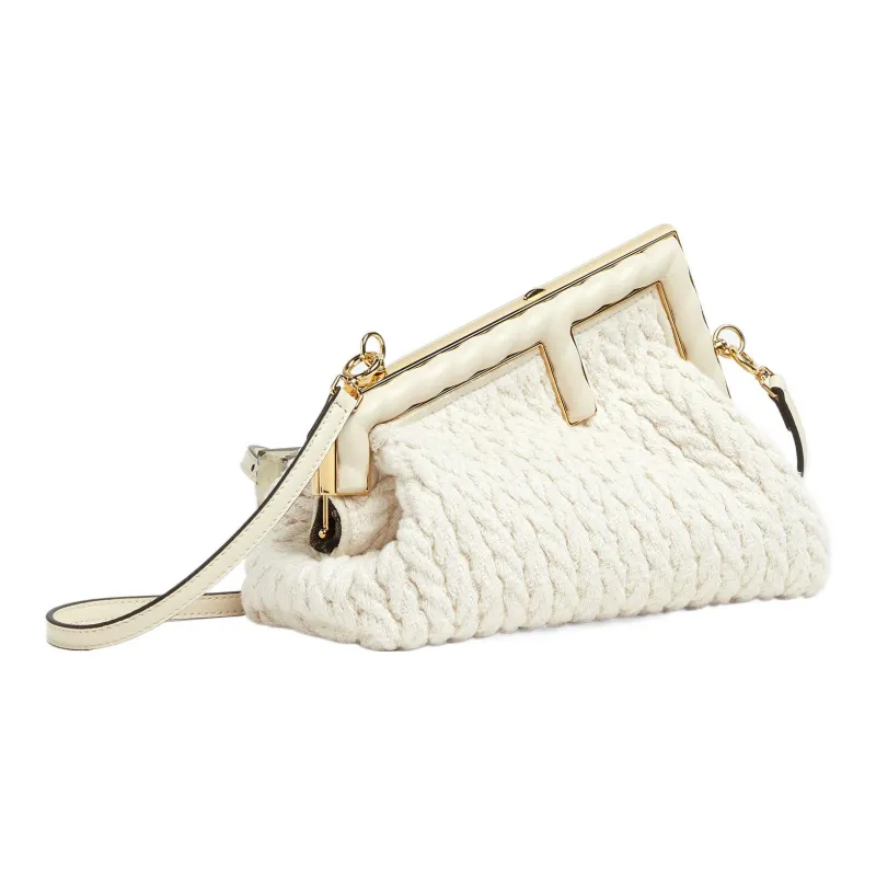 FENDI Fendi First Woven Fabric With Nappa Leather One Shoulder Crossbody Clutches Small Size Women's White-1
