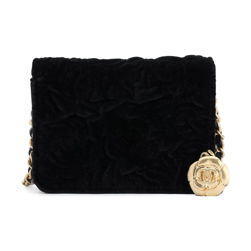 CHANEL WOC Velour & Metal Gold Coin Wallet On Chain, One Shoulder Crossbody Coin Purse Trumpets Women's Black-3