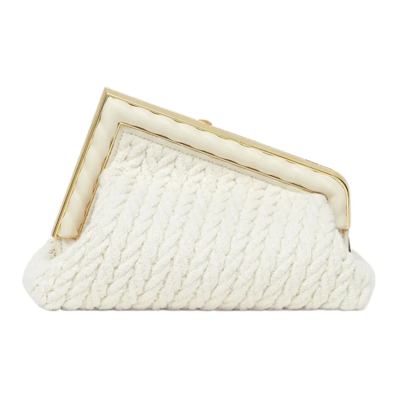 FENDI Fendi First Woven Fabric With Nappa Leather One Shoulder Crossbody Clutches Small Size Women's White-3