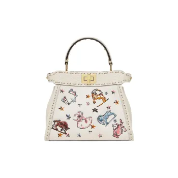 FENDI Peekaboo ISeeU Canvas With Calfskin Shoulder Bag Crossbody Bag Handbag Small Size Women's White/Multicolor