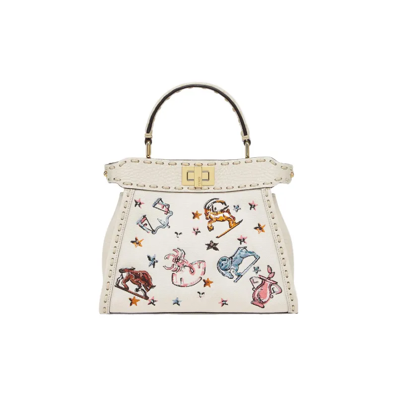 FENDI Peekaboo ISeeU Canvas With Calfskin Shoulder Bag Crossbody Bag Handbag Small Size Women's White/Multicolor-0