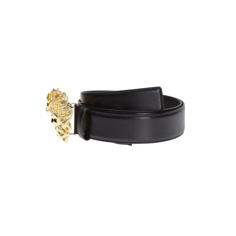 VERSACE Gold Carving Plate Buckle Leather Belts Men's Black Width  4cm-1
