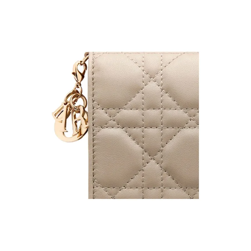 DIOR Lady Dior Sheepskin Wallet, Card Holder Mini Women's Natural Khaki-3