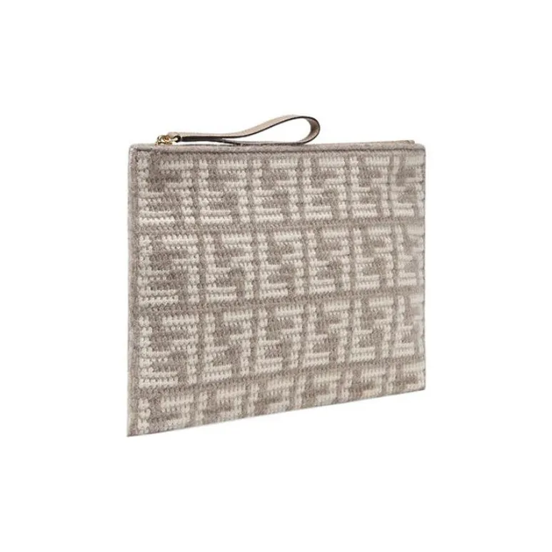 FENDI Leather And Cashmere Blend Clutch Large Size Women's Beige-3