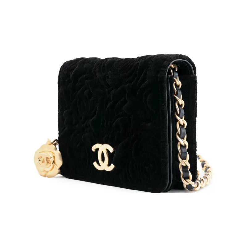 CHANEL WOC Velour & Metal Gold Coin Wallet On Chain, One Shoulder Crossbody Coin Purse Trumpets Women's Black-2