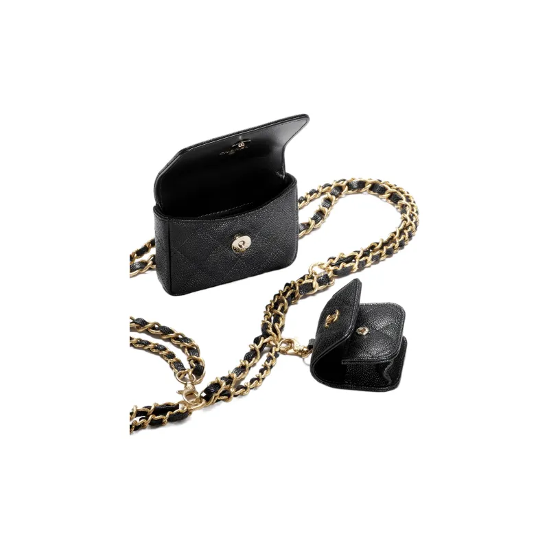 CHANEL Shiny Caviar Calfskin Chain Shoulder Bag, Mother Daughter Waist Bag Women's Black-2
