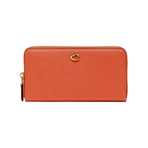 COACH Accordion Zip Pebbled Leather Accordion Bag Clutch Wallet Small Size Women's Orange