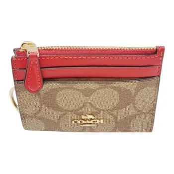 COACH Skinny Id Case Canvas With Leather Wallet, Card Holder Women's Brown & Red