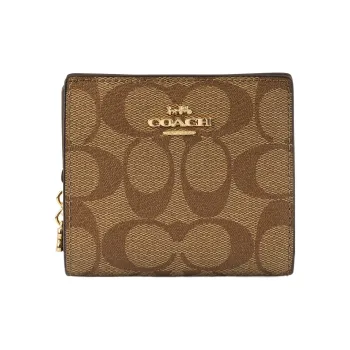 COACH Snap Wallet Monogram Canvas With Leather Cropped Foldable Card Holder, Wallet Women's Tan Monogram