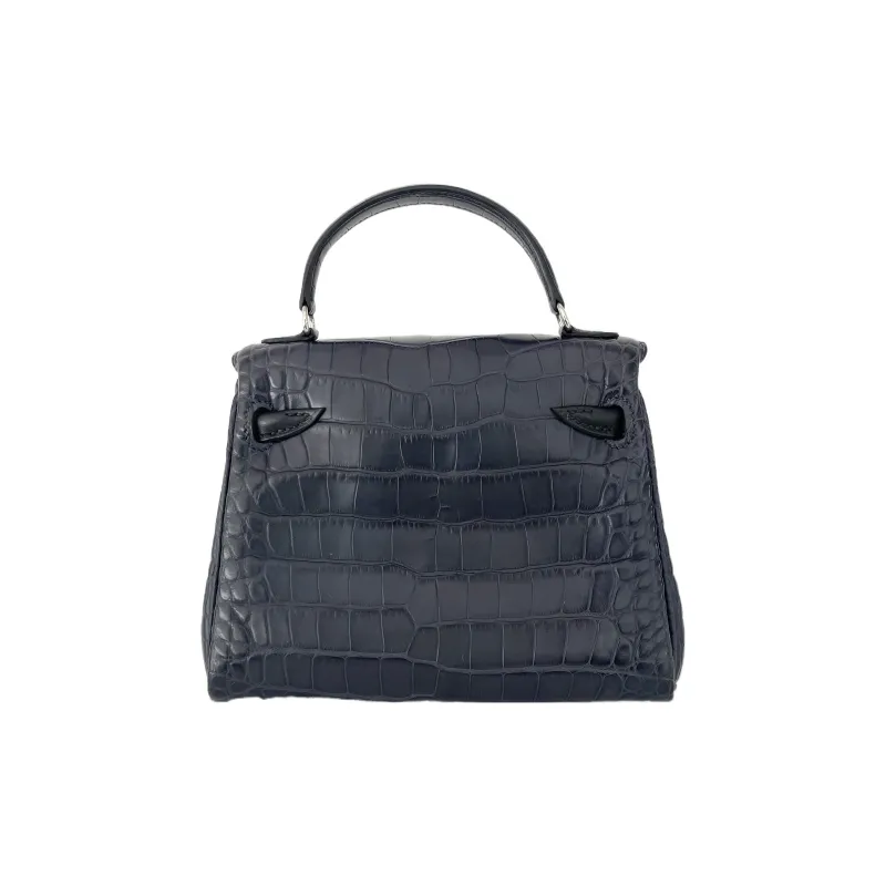HERMES Kelly Doll Matte Crocodile Leather Swift Leather Handbag Regular Women's Black/Indigo-3