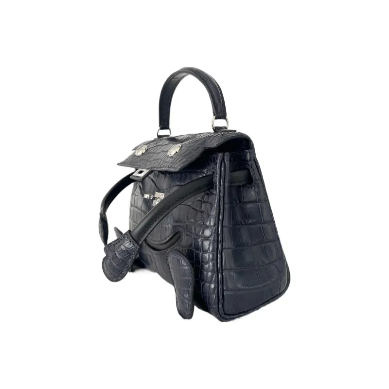 HERMES Kelly Doll Matte Crocodile Leather Swift Leather Handbag Regular Women's Black/Indigo-1