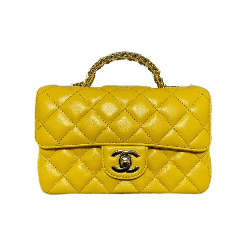 CHANEL Lambskin Chain Bag, Shoulder Bag, Crossbody Bag Mini Women's Yellow-0
