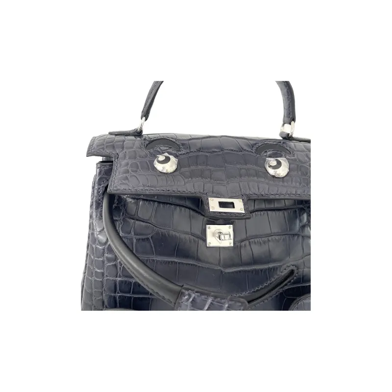HERMES Kelly Doll Matte Crocodile Leather Swift Leather Handbag Regular Women's Black/Indigo-6