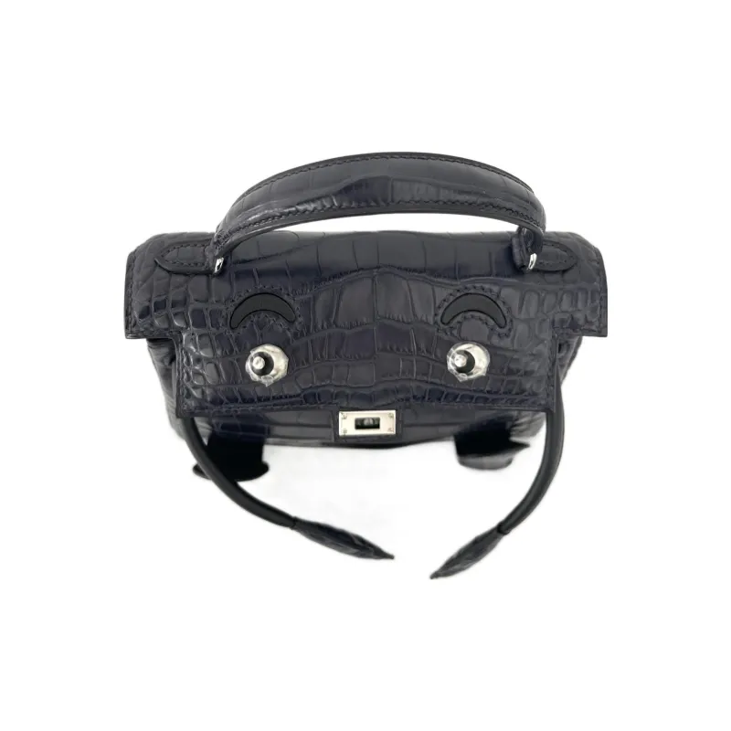 HERMES Kelly Doll Matte Crocodile Leather Swift Leather Handbag Regular Women's Black/Indigo-4