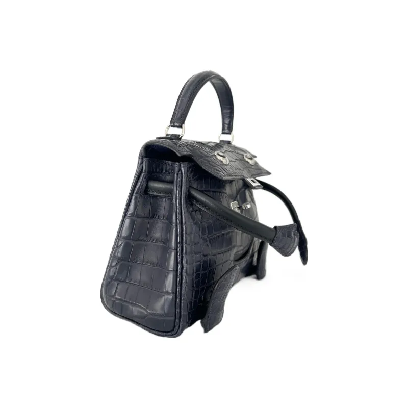 HERMES Kelly Doll Matte Crocodile Leather Swift Leather Handbag Regular Women's Black/Indigo-2