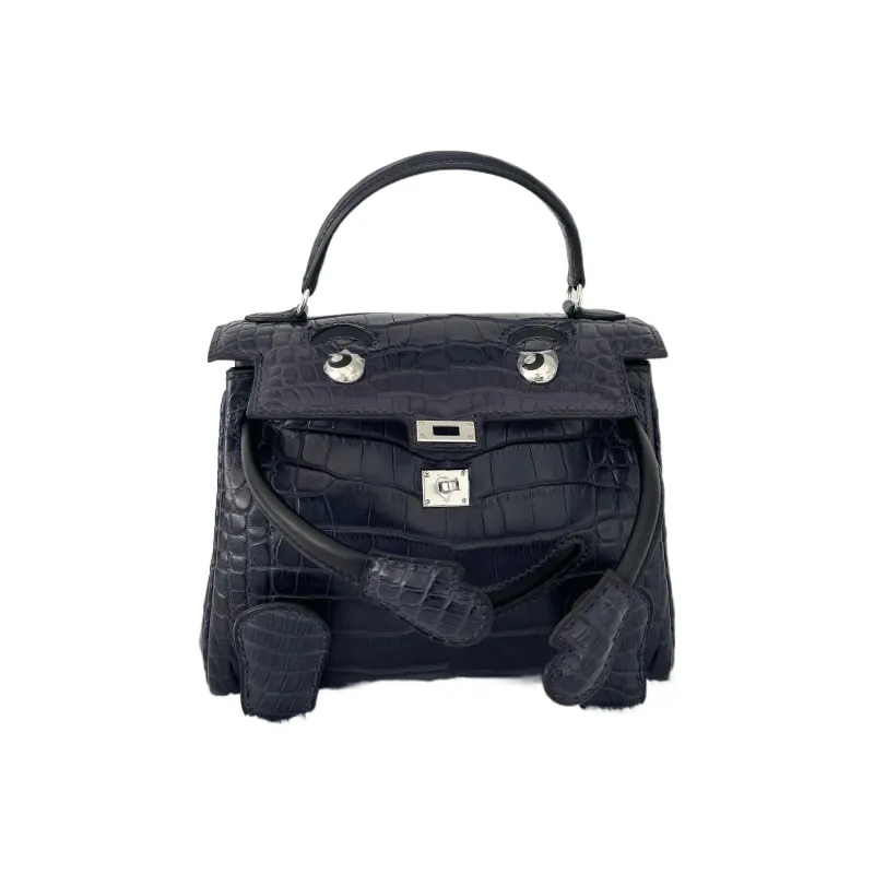 HERMES Kelly Doll Matte Crocodile Leather Swift Leather Handbag Regular Women's Black/Indigo-0