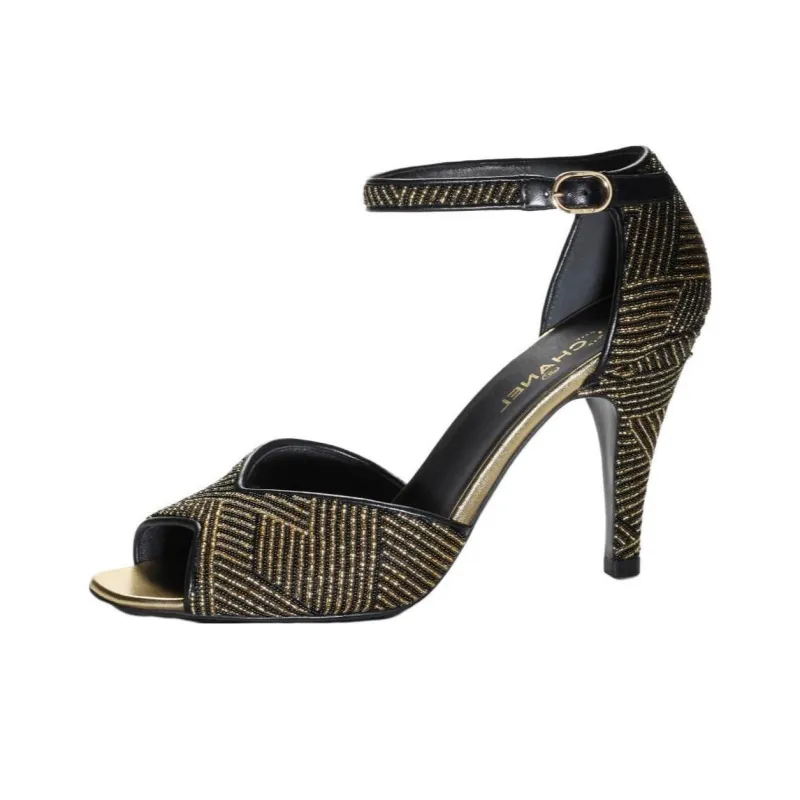CHANEL One Strap Sandals 9.5cm Women's Black Gold-0