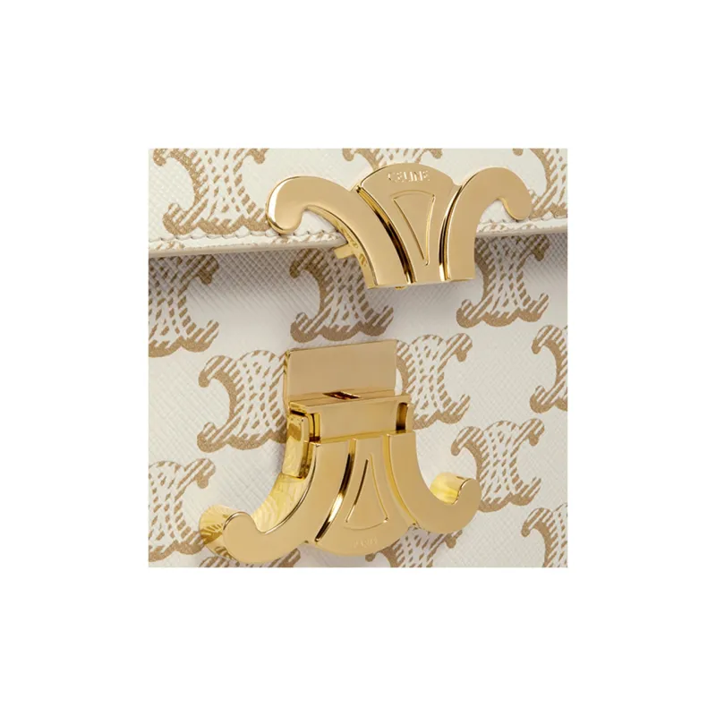 CELINE Triomphe Cow Leather Shoulder Bag, Crossbody Bag Women's White/Khaki-4