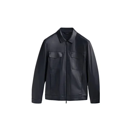 Massimo Dutti Leather Jackets Men Dark Blue