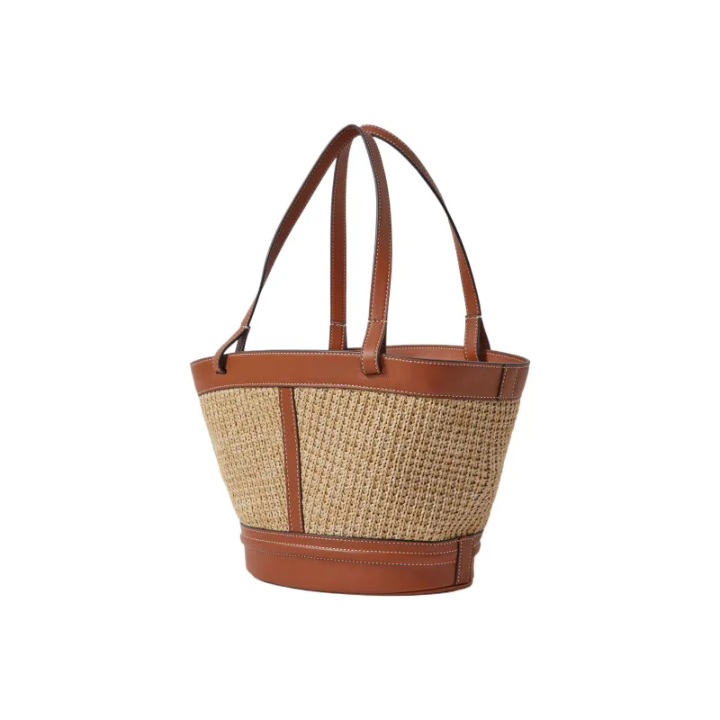 Staud Raffia With Calfskin Tote Bag Shopping Bag Handbag Shoulder Bag Women's Natural Tan-3
