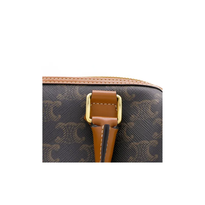 CELINE Triomphe Canvas With Leather Boston Bag, Shoulder Bag, Crossbody Bag, Handbag Trumpets Women's Tan-9
