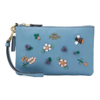 COACH Wristlet Leather Shoulder Bag Mahjong Pochette Clutch Coin Purse Handbag Small Size Women's Ice Blue