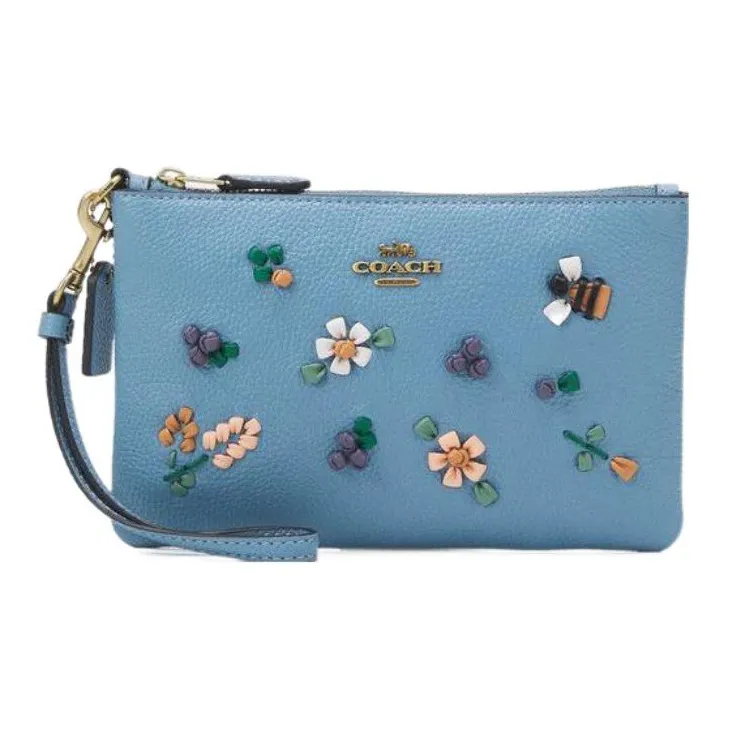 COACH Wristlet Leather Shoulder Bag Mahjong Pochette Clutch Coin Purse Handbag Small Size Women's Ice Blue-0