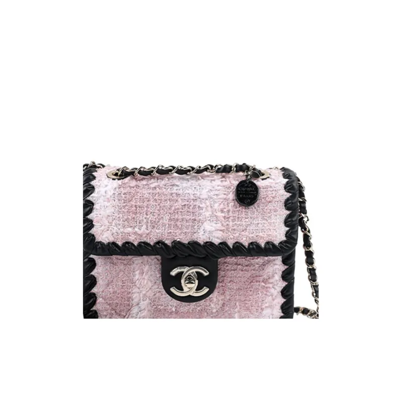 CHANEL Tweed & Calfskin With Gold Metal Flap Bag, Shoulder Bag, Crossbody Bag Mini Women's Pink & Black-4