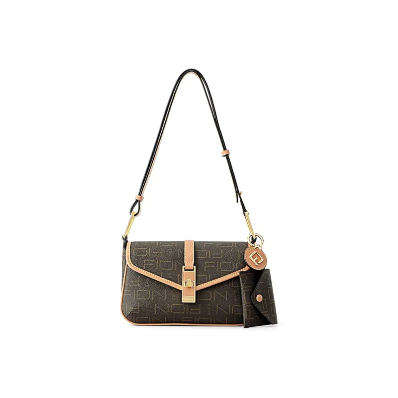 FION Canvas Bag Fashion Small Square Bag Niche Premium Combo Bag University Student Backpack Shoulder Bag Women's Brown-2