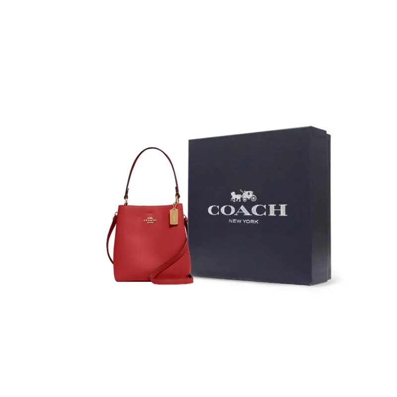 COACH Town Pebbled Leather Bucket Bag, Portable Crossbody Bag, Shoulder Bag Women's Red-11