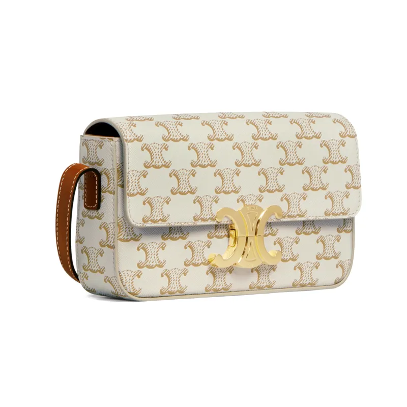 CELINE Triomphe Cow Leather Shoulder Bag, Crossbody Bag Women's White/Khaki-1
