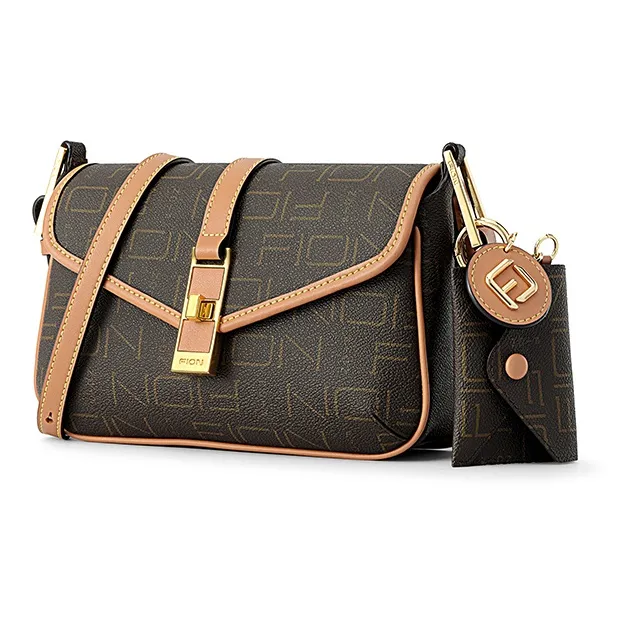 FION Canvas Bag Fashion Small Square Bag Niche Premium Combo Bag University Student Backpack Shoulder Bag Women's Brown-1