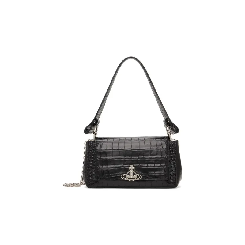 Vivienne Westwood Crocodile Pattern Leather Shoulder Bag, Baguette Bag, Handbag, Shoulder Bag Medium Size Women's Black-0