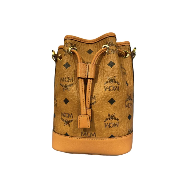 MCM Visetos Canvas With Leather Trim Bucket Bag Handbag Shoulder Bag Crossbody Bag Medium Size Women's Brown Cognac-1