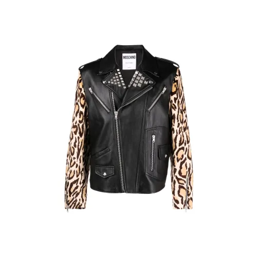 MOSCHINO Leopard-print Leather Biker Jacket