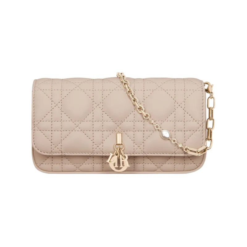 DIOR Lady Dior Sheepskin Clutch One Shoulder Crossbody Cell Phone Pouch Women's Caramel Beige-0