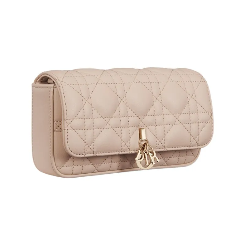 DIOR Lady Dior Sheepskin Clutch One Shoulder Crossbody Cell Phone Pouch Women's Caramel Beige-1